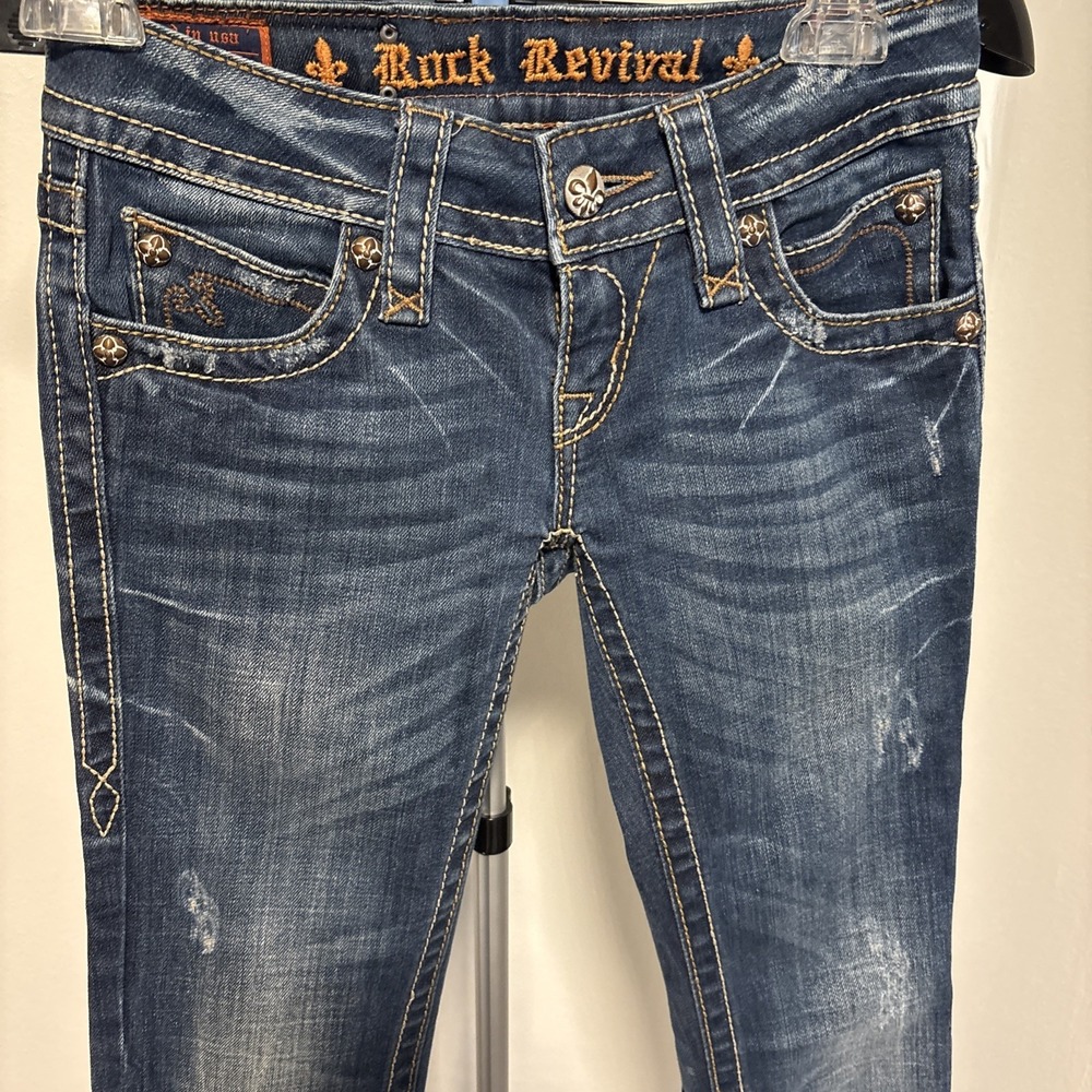 Rock Revival Jeans Womens 25 Noelle Boot Rhinestone Pockets Distressed Denim - Picture 6 of 12